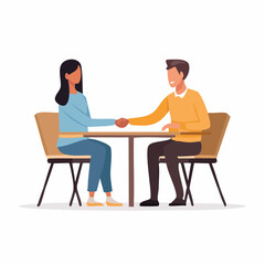 Two people sitting at a table shaking hands, symbolizing agreement and a successful business meeting or collaboration