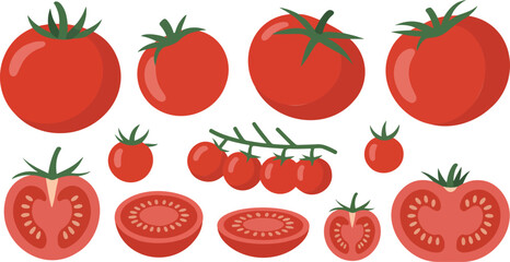 Fresh ripe red tomatoes, whole and sliced, on white background, healthy food ingredients collection © Md