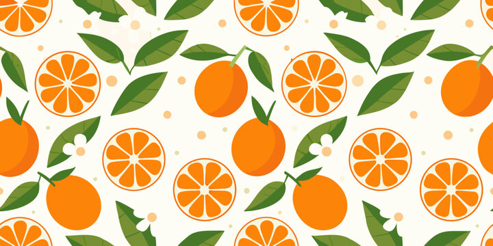 Seamless pattern featuring vibrant orange slices whole oranges and green leaves