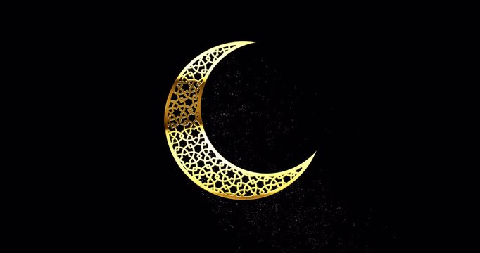 Gold crescent with dust drifting down, islam symbol covered with oriental pattern, glares and glittering falling particles, half moon sign, footage