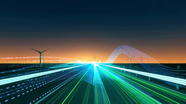 Empty modern highway stretching into the horizon during golden sunset, no cars, warm orange sky blending into deep twilight blue, flowing luminous green and electric blue energy ribbons moving along
