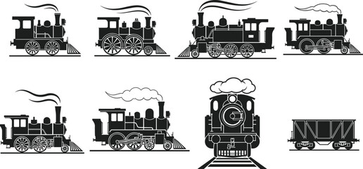 Collection of vintage steam locomotive silhouettes, railcar artwork, historical train design, industrial transport illustration, black and white railway set © Fenshi