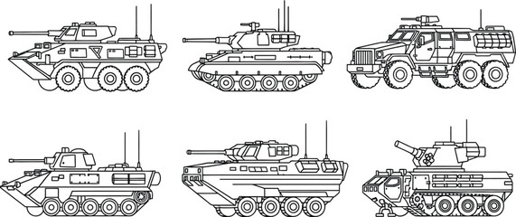 Collection of military vehicles line art featuring various armored tanks and army trucks ideal for defense-related infographics or game assets © Muhammad