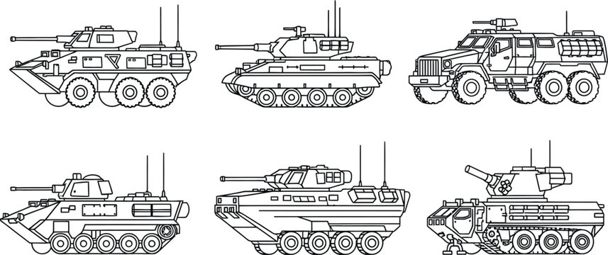 Collection of military vehicles line art featuring various armored tanks and army trucks ideal for defense-related infographics or game assets