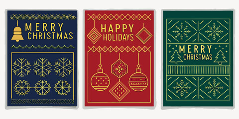 Three festive holiday cards with geometric patterns and seasonal greetings © Apurba