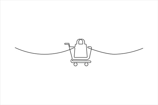 Minimalist one-line art of a paper shopping bag with handles inside a trolley. Clean vector illustration for retail, grocery, and commerce design.