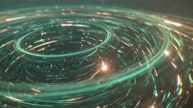 Spiraling quantum singularity made of floating holographic data particles, fragmented UI grids glowing neural filaments collapsing event horizon, camera accelerating inward rapidly, extreme depth