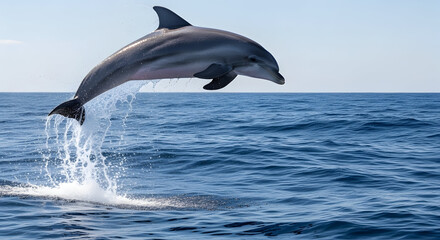 Obraz premium A dolphin jumping out of the ocean water on a clear day