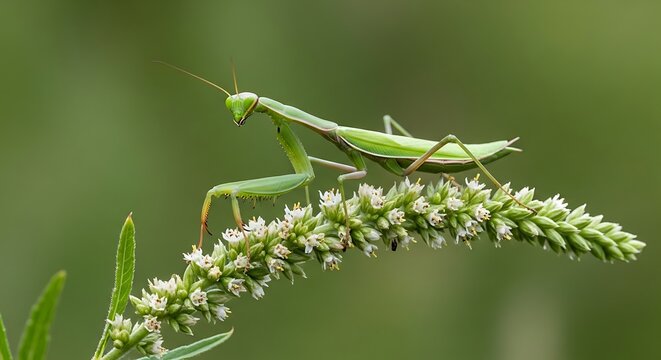 Green praying mantis on a flowering plant stem in nature insect