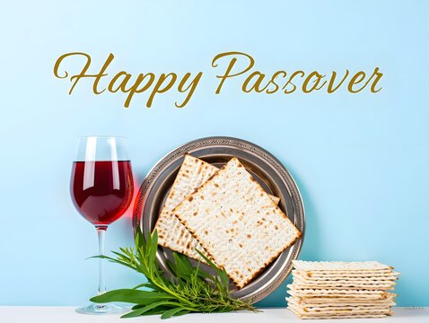 A festive passover celebration with wine, matzah, and greens on a blue background
