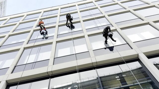 Three industrial climbers wash the glass facade of a modern skyscraper. Professional window cleaners on ropes performing high-altitude maintenance on a corporate office building.