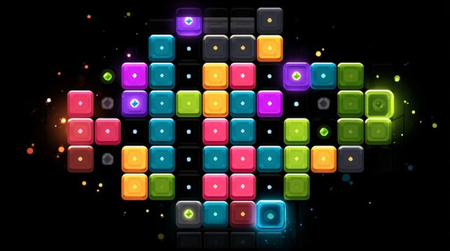 Puzzle or Arcade Gameplay interface banner: Bright, simple interface with blocks, gems, or symbols being matched or cleared, well suited for casual gaming or family living room scenes for mockups.
