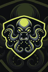 Fototapeta premium Vector octopus head shield logo, yellow and gray