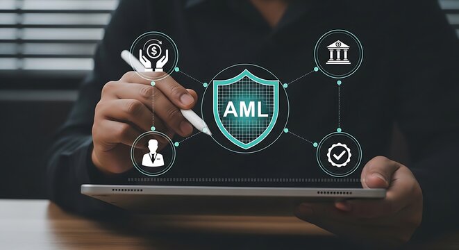 A person interacting with a digital aml shield on a tablet for anti money laundering and financial security purposes