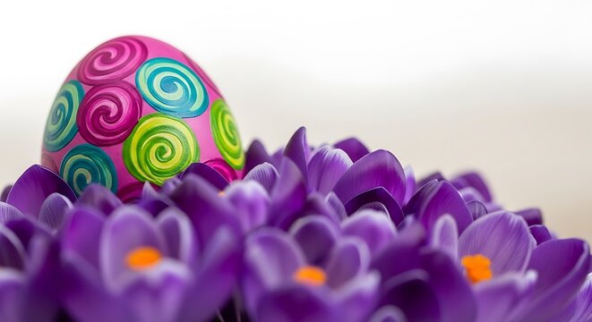 Colorful Easter egg surrounded by vibrant purple flowers.