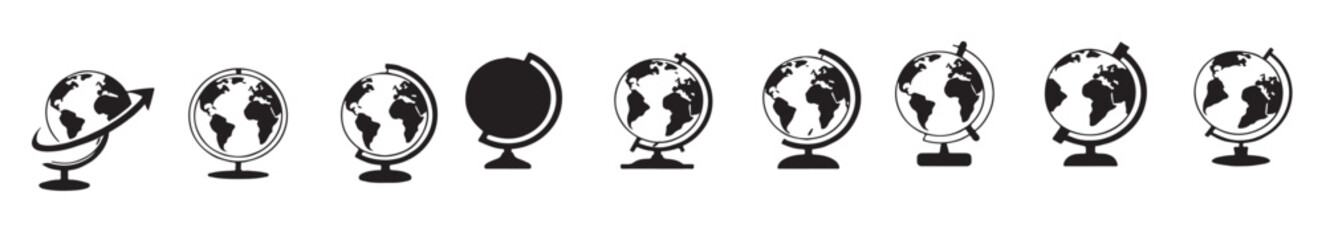Collection of diverse globe icons representing global concepts and international themes. International Connectivity Icon Set – Earth Globe with World Map and Global Network Symbols Vector Illustration © azlan