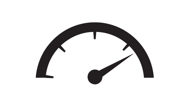 Speedometer dial icon with needle pointing right, indicating speed or progress, simple black graphic symbol.