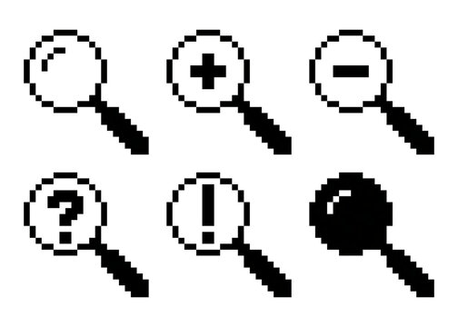 A set of magnifying glasses in linear pixel art, with 6 variations