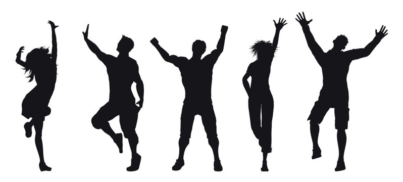 People Dancing Silhouettes Vector, Group of Dancing Men and Women in Dynamic Party Poses, Black Silhouette Collection for Music, Celebration and Event Design Vector Illustration.