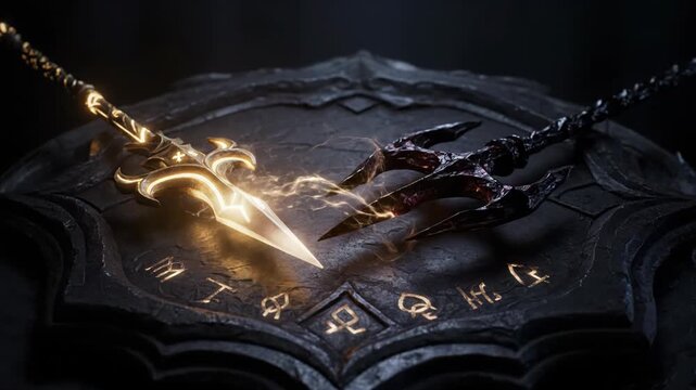 Epic Battle of Light and Shadow Weapons on Ancient Altar.