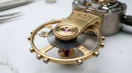Close examination of a Swiss made 25 jewels automatic watch movement balance wheel and spring assembly