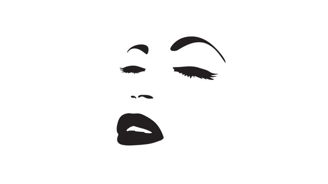 Face expressive black silhouette with closed eyes and open lips... featuring white, graphic, art with eyelashes and eyebrows elements for mouth,