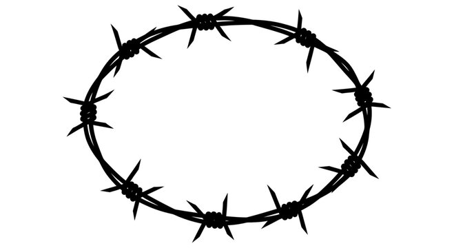 Barbed wire forming a perfect circle on a white background symbolizing restriction and confinement in a simple yet powerful visual representation.
