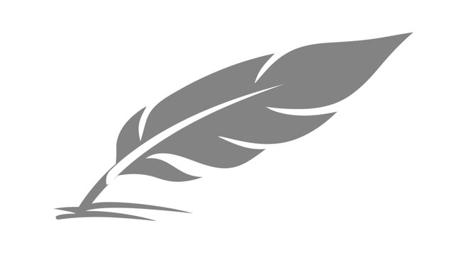 Elegant stylized grey feather icon with shadow, representing writing, creativity, or lightness. Simple graphic design element.