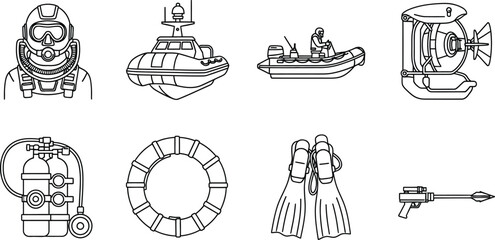 Collection of diving and marine equipment outline icons featuring scuba gear boats and water safety items perfect for adventure and rescue themed designs © Muhammad