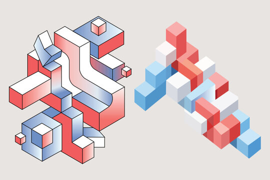 An isometric illustration showcases two interconnected abstract structures built from stacked cubes in shades of red and blue high quality professional