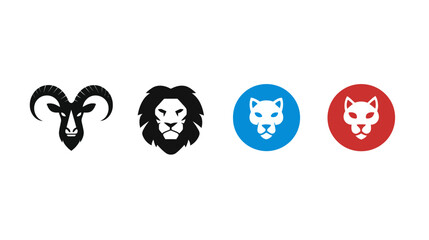 Obraz premium Collection of animal head icons: black ram, lion, and stylized big cat symbols in blue and red circles. Vector illustrations.