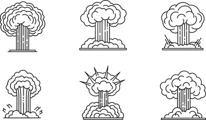 Fototapeta premium Set of minimalist nuclear explosion mushroom cloud icons flat line art vector symbols for warning danger and war concepts in modern design
