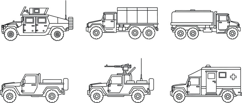 Diverse set of military and tactical transport vehicles rendered in a clean outline vector style suitable for defense security and logistics design elements