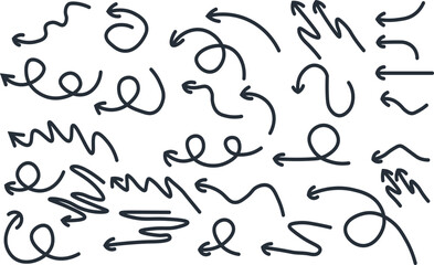 Naklejka premium A collection of hand drawn black arrows and curved lines varying in direction and form against a plain white background