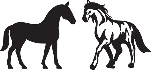 Fototapeta premium Two horses are depicted in contrasting styles one solid black silhouette and the other a detailed patterned design high quality professional