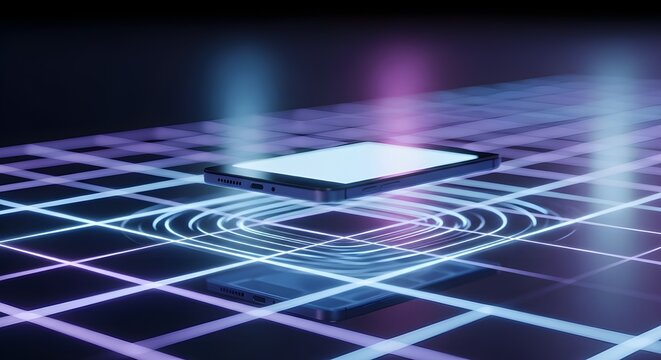 Modern smartphone with glowing neon grid background