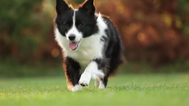 Black and white border collie sneaks and herds the camera on a beautiful green lawn on the grass