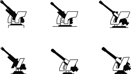 Collection of anti-aircraft and naval artillery gun icons simple black and white vector illustrations isolated on a white background © Muhammad