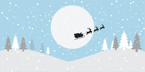 Santa claus and reindeer fly across a winter landscape with snow © Ranajit