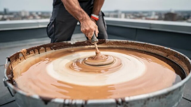 Medium shot captures tinted elastomeric roof coating being blended emphasizing seamless color customization and enhanced flexibility for weatherproof roofing solutions.