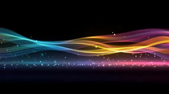 Vibrant multicolored waves dancing across a dark background in a futuristic scene captured from a front viewpoint in vid_ai