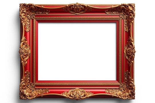 Red antique picture frame with golden ornate detailing, isolated on a white background