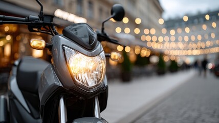 Naklejka premium Modern scooter parked in bustling European street with string lights