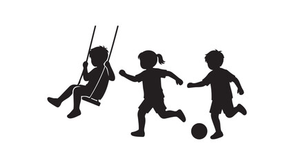 Children Playing Soccer and Swinging Silhouette Vector Illustration for Sports and Family Activities