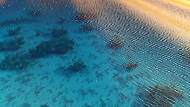 aerial view shallow tropical lagoon glowing bioluminescent micro-algae, swirling dynamic patterns water, soft pastel sunset light, light refracting sandy bottom ripples, cinematic 3d magical nature