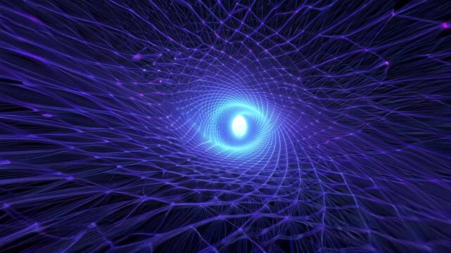 Spiral warp tunnel made interwoven glowing digital threads translucent fiber optic mesh, converging toward a radiant singularity core, gravitational distortion bending woven structure, dynamic fabric