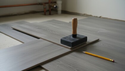 Grey laminate flooring planks being carefully installed with a tool and pencil