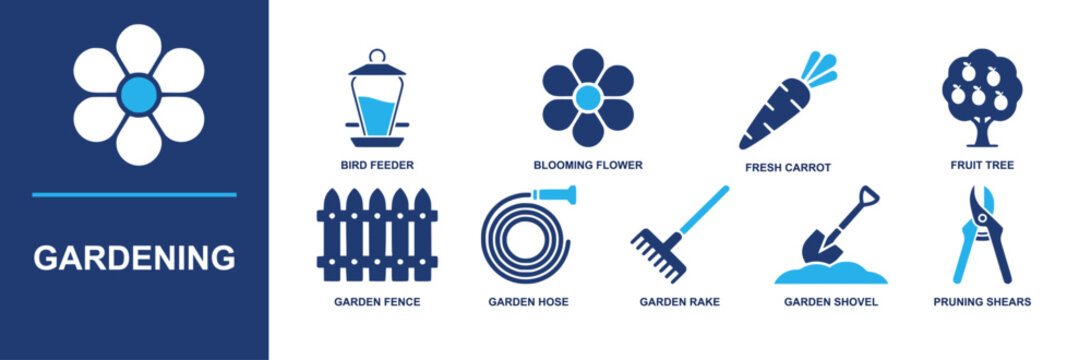 Gardening icon set. Containing bird feeder, blooming flower, fresh carrot, fruit tree, garden fence, garden hose, garden rake, shovel, pruning shears and more. Solid fill vector icons