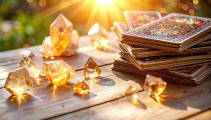Vibrant citrine crystals and golden tarot cards glowing under warm sunlight on a rustic wooden surface for meditation