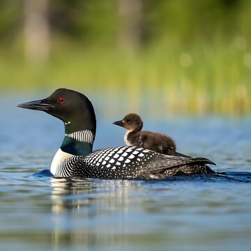 Common loon and chick swimming together in serene lake water with blurred green background